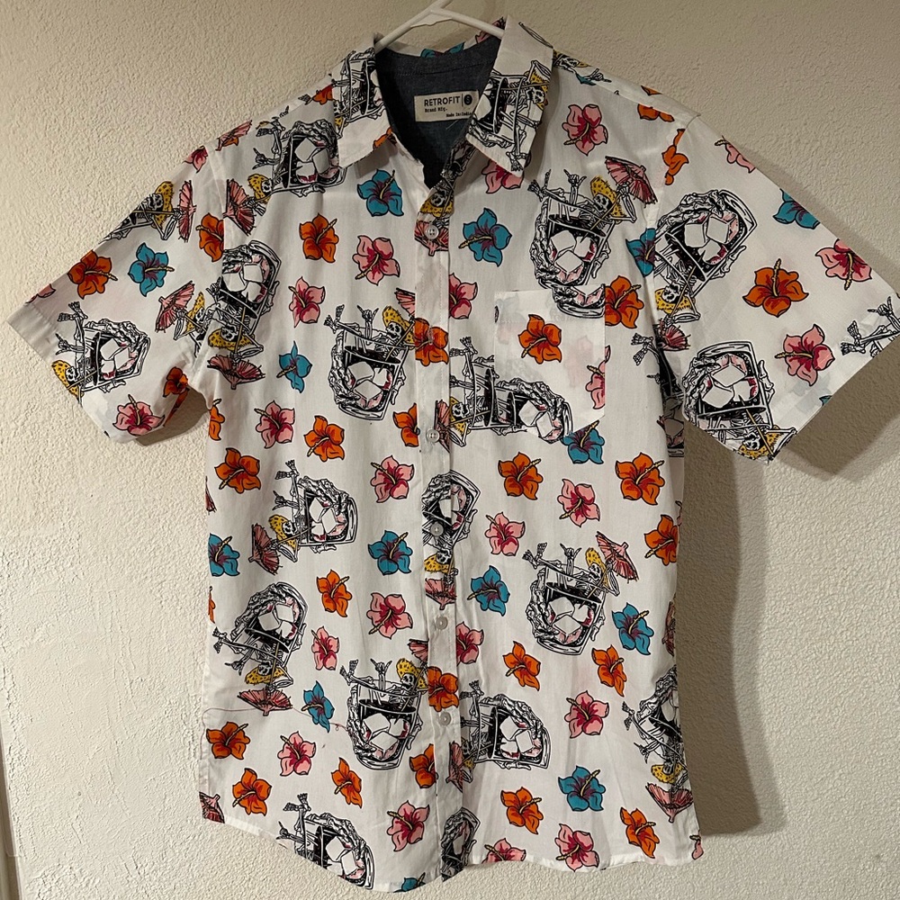 Retrofit Shirt Men 100% Cotton Skeleton Hawaiian Print  Button Up Size Small